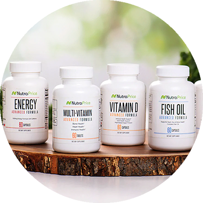 Bottles of Butraprice supplements: vitamin D, fish oil, multivitamins