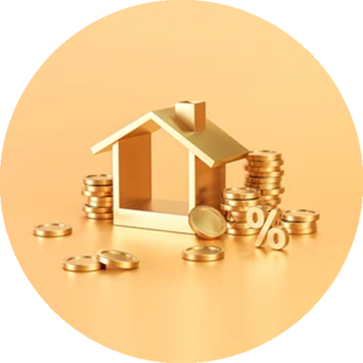 Golden house surrounded by coins