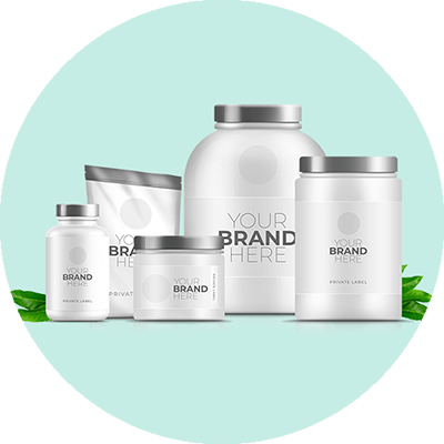 Containers of supplements and cosmetic products with blank labels that say your brand here
